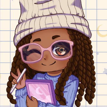 black girl with hat covering twists and a blue sweater. she is holding an iPad and apple pencil and is flashing a peace sign.